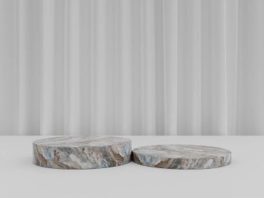 Minimalist basit mermer mermer silindir podyum veya ürün sunumu için beyaz renkli arkaplanı olan kaidesel ekran. 3d oluşturma