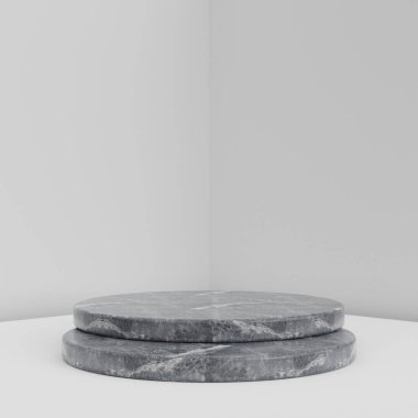 Minimalist basit mermer mermer silindir podyum veya ürün sunumu için beyaz renkli arkaplanı olan kaidesel ekran. 3d oluşturma