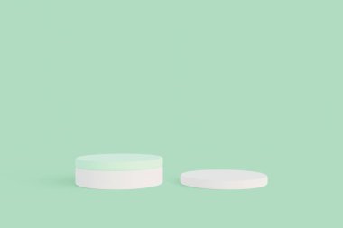 Minimalist white cylinder podium pedestal product display on green pastel background 3d rendering