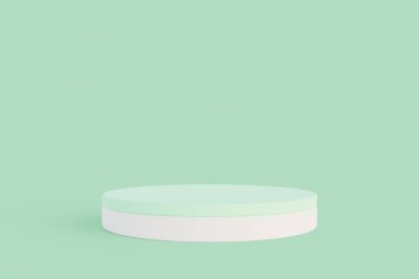 Minimalist white cylinder podium pedestal product display on green pastel background 3d rendering