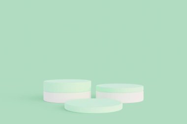 Minimalist white cylinder podium pedestal product display on green pastel background 3d rendering
