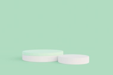 Minimalist white cylinder podium pedestal product display on green pastel background 3d rendering