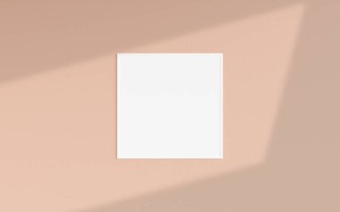 Clean and minimalist front view square white photo or poster frame mockup hanging on the wall with shadow overlay. 3d rendering.