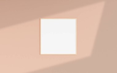 Clean and minimalist front view square wooden photo or poster frame mockup hanging on the wall with shadow overlay. 3d rendering.