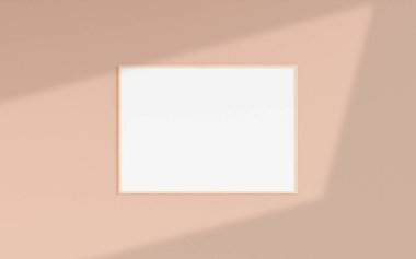Temiz ve minimalist ön görüş yatay ahşap fotoğraf ya da duvarda asılı duran gölgeli poster çerçeve modeli. 3d oluşturma.