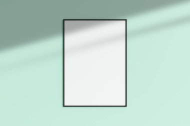 Gerçekçi, siyah, dikey fotoğraf çerçevesi, gölgeli boş duvar odasına asılmış. 3d oluşturma.