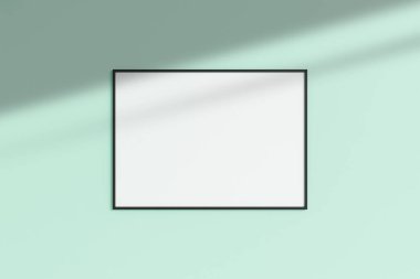 Gerçekçi siyah yatay fotoğraf çerçevesi. Gölgeli boş duvar odasında asılı duruyor. 3d oluşturma.
