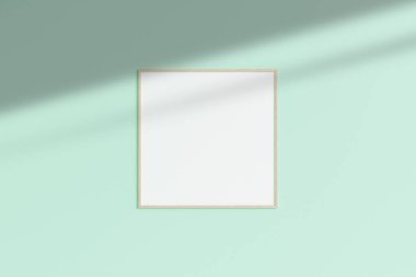 Gerçekçi ahşap kare fotoğraf çerçevesi. Gölgeli boş duvar odasında asılı duruyor. 3d oluşturma.