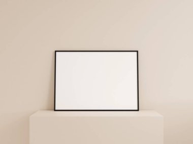 Önden temiz yatay siyah fotoğraf ya da duvara yaslanmış poster çerçeve modeli. 3d oluşturma.