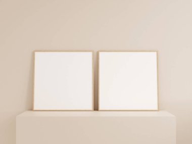 Temiz kare kare ahşap fotoğraf ya da duvara yaslanmış poster çerçevesi. 3d oluşturma.