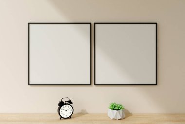 Temiz ve minimalist ön kare kare siyah fotoğraf ya da duvarda bitkilerle asılı poster çerçeve modeli. 3d oluşturma.