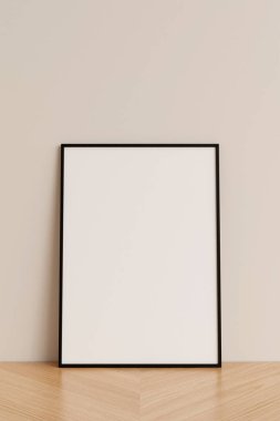 Temiz ve minimalist ön manzara dikey siyah fotoğraf ya da tahta zeminde duvara yaslanmış poster çerçeve modeli. 3d oluşturma.