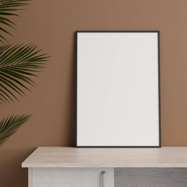 Minimalist ön manzara dikey siyah fotoğraf ya da masa üzerinde bitkiyle duvara yaslanmış poster çerçeve modeli. 3d oluşturma.