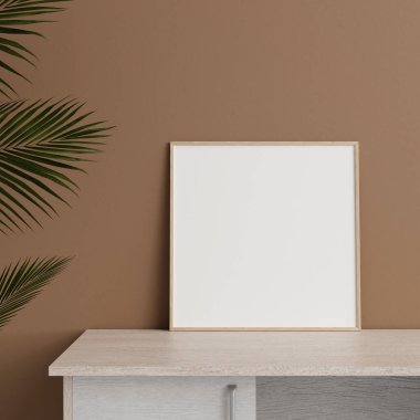 Öndeki minimalist kare tahta fotoğraf ya da masanın üzerindeki bitkiyle duvara yaslanmış poster çerçevesi. 3d oluşturma.