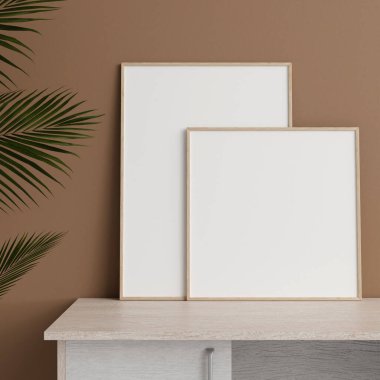 Minimalist ön manzara ahşap fotoğraf ya da masa üzerinde bitkiyle duvara yaslanmış poster çerçevesi. 3d oluşturma.