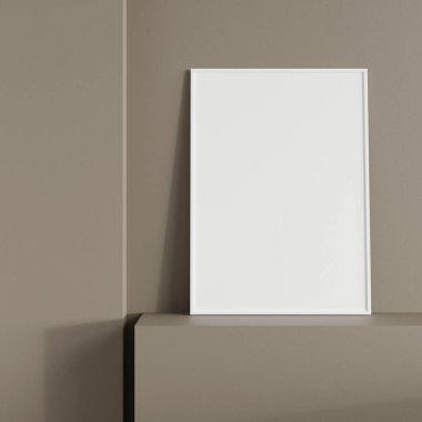 Minimalist ön manzara dikey beyaz fotoğraf ya da podyumda duvara yaslanmış poster çerçevesi modeli. 3d oluşturma.