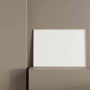 Minimalist ön manzara yatay ahşap fotoğraf ya da podyumda duvara yaslanmış poster çerçeve modeli. 3d oluşturma.