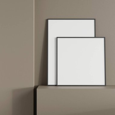 Minimalist ön manzara siyah fotoğraf veya podyumda duvara yaslanmış poster çerçeve modeli. 3d oluşturma.