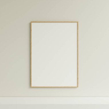 Temiz ve minimalist ön manzara dikey ahşap fotoğraf ya da duvarda asılı poster çerçeve modeli. 3d oluşturma.