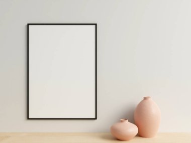 Temiz ve minimalist ön manzara dikey siyah fotoğraf ya da duvara vazoyla asılı poster çerçeve modeli. 3d oluşturma.