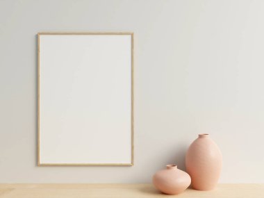 Temiz ve minimalist ön manzara dikey ahşap fotoğraf veya duvara vazoyla asılı poster çerçeve modeli. 3d oluşturma.
