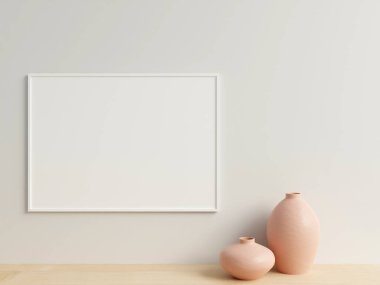 Temiz ve minimalist ön manzara yatay beyaz fotoğraf ya da duvara vazoyla asılı poster çerçeve modeli. 3d oluşturma.