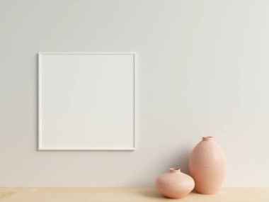 Temiz ve minimalist ön kare kare beyaz fotoğraf ya da duvara vazoyla asılı poster çerçevesi. 3d oluşturma.