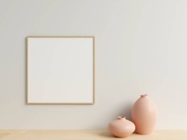 Temiz ve minimalist ön manzara kare ahşap fotoğraf ya da duvara vazoyla asılı poster çerçeve modeli. 3d oluşturma.