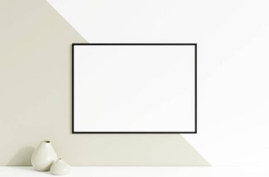 Temiz ve minimalist ön manzara yatay siyah fotoğraf ya da duvara vazoyla asılı poster çerçeve modeli. 3d oluşturma.