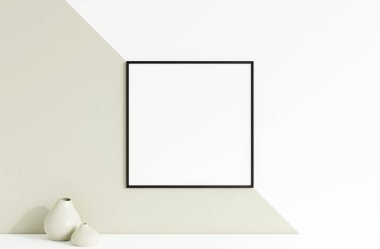 Temiz ve minimalist ön kare kare siyah fotoğraf ya da duvara vazoyla asılı poster çerçeve modeli. 3d oluşturma.