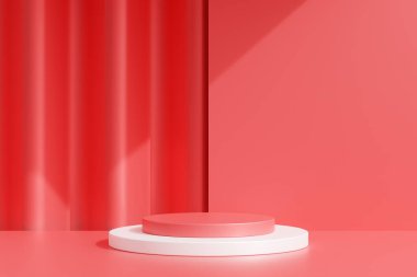Kırmızı podyum ya da kırmızı odada sahne, Noel ya da sevgililer günü için minimum arkaplan, geometrik şekilli 3D resim stüdyosu.
