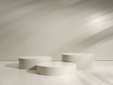 Doğal gölge, pastel, bej arkaplan üzerine yayalar. Güzellik kozmetik ürünleri tanıtımı. Ürün sunumu için kozmetik arka plan. 3d oluşturma.