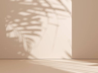 Ürün sunumu için bej duvar arka planındaki doğal gölge. Bej arka planda siluet. Lüks yaz mimarisi iç estetik. Modern tropikal model tasarımı. 3d oluşturma.