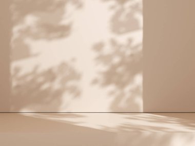 Ürün sunumu için bej duvar arka planındaki doğal gölge. Bej arka planda siluet. Lüks yaz mimarisi iç estetik. Modern tropikal model tasarımı. 3d oluşturma.