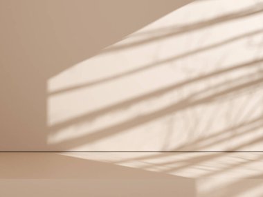 Ürün sunumu için bej duvar arka planındaki doğal gölge. Bej arka planda siluet. Lüks yaz mimarisi iç estetik. Modern tropikal model tasarımı. 3d oluşturma.