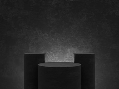 Siyah taş podyum asgari kaidede duruyor. boş ürün görüntüleme platformu veya kozmetik sunum vitrini. 3d oluşturma.