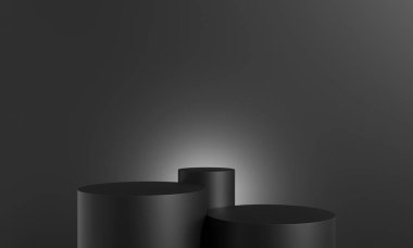 Siyah taş podyum asgari kaidede duruyor. boş ürün görüntüleme platformu veya kozmetik sunum vitrini. 3d oluşturma.