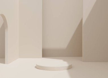 İç mekan çok az. Modern geometrik tarzda 3D çizim. Ürün sunumu için pankartlar için Pastel renk arkaplanı.