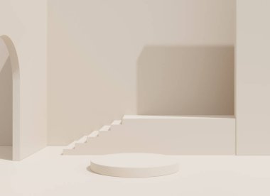 İç mekan çok az. Modern geometrik tarzda 3D çizim. Ürün sunumu için pankartlar için Pastel renk arkaplanı.