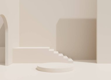 İç mekan çok az. Modern geometrik tarzda 3D çizim. Ürün sunumu için pankartlar için Pastel renk arkaplanı.