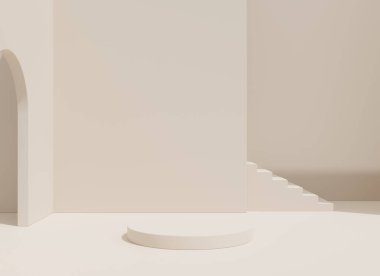 İç mekan çok az. Modern geometrik tarzda 3D çizim. Ürün sunumu için pankartlar için Pastel renk arkaplanı.