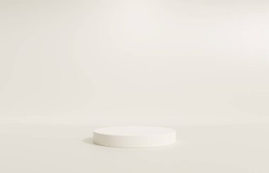 3 boyutlu podyum, kaideyle bej arkaplan. Güzellik, kozmetik ürün sunumu. Lüks kadın modelleme 3D sunucu reklamı