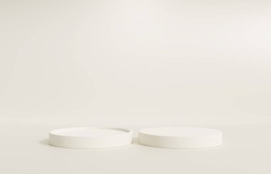 3 boyutlu podyum, kaideyle bej arkaplan. Güzellik, kozmetik ürün sunumu. Lüks kadın modelleme 3D sunucu reklamı