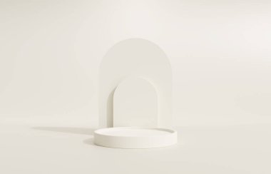 3 boyutlu podyum, kaideyle bej arkaplan. Güzellik, kozmetik ürün sunumu. Lüks kadın modelleme 3D sunucu reklamı