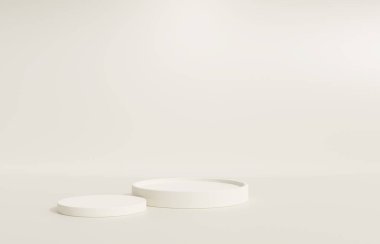3 boyutlu podyum, kaideyle bej arkaplan. Güzellik, kozmetik ürün sunumu. Lüks kadın modelleme 3D sunucu reklamı