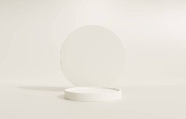 3 boyutlu podyum, kaideyle bej arkaplan. Güzellik, kozmetik ürün sunumu. Lüks kadın modelleme 3D sunucu reklamı