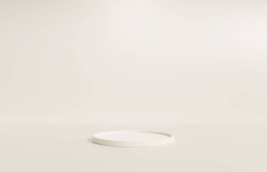 3 boyutlu podyum, kaideyle bej arkaplan. Güzellik, kozmetik ürün sunumu. Lüks kadın modelleme 3D sunucu reklamı