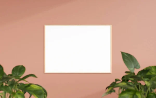 Clean Minimalist Front View Horizontal Wooden Photo Poster Frame Mockup — 图库照片