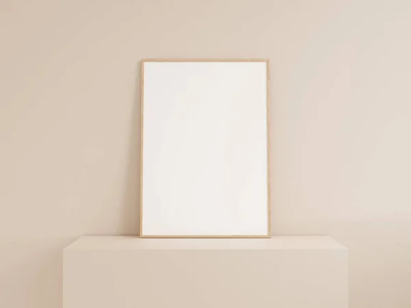 stock image Clean front view vertical wooden photo or poster frame mockup leanings against wall. 3d rendering.