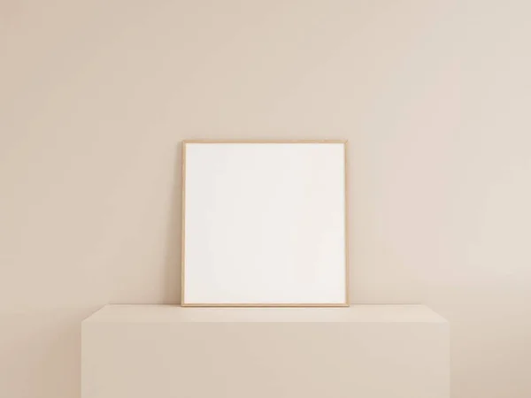 stock image Clean front view square wooden photo or poster frame mockup leanings against wall. 3d rendering.